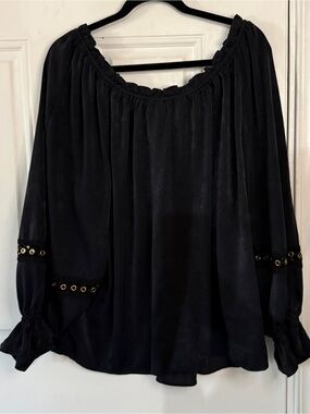 Black Off-Shoulder Peasant Blouse with gold gromets on the sleeve